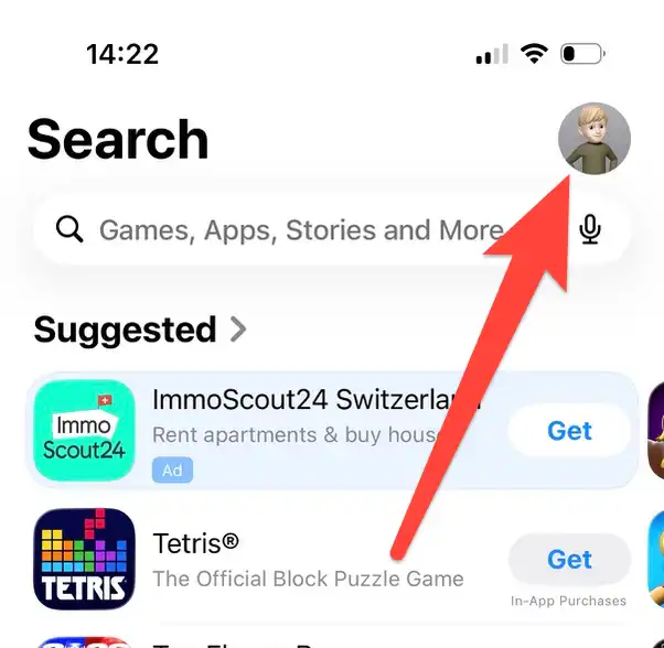 Screenshot showing the profile picture in the top right corner of the App Store