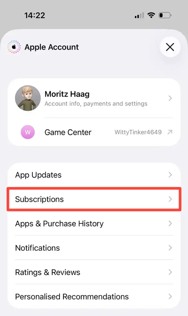 Screenshot showing the Subscriptions entry in the Apple Account panel