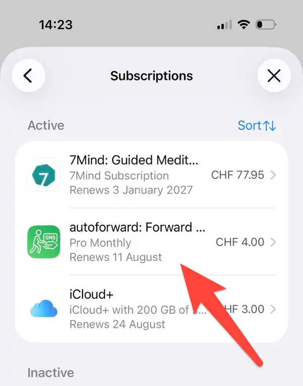 Screenshot showing the autoforward entry in the list of active subscriptions
