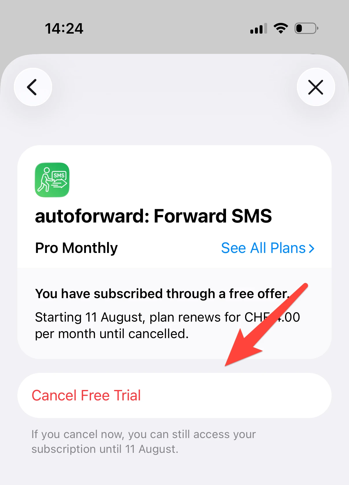 Screenshot showing the Cancel Free Trial button on the autoforward subscription screen