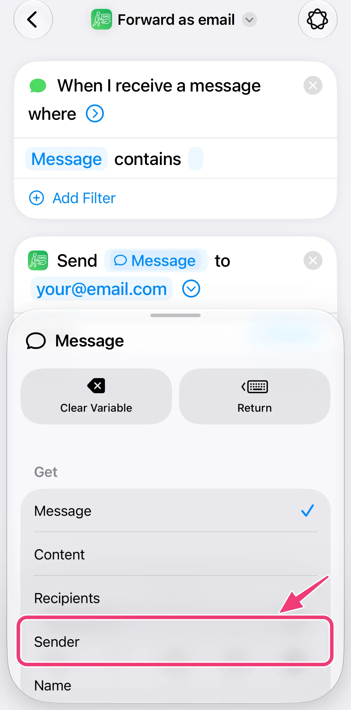 Screenshot: select Sender