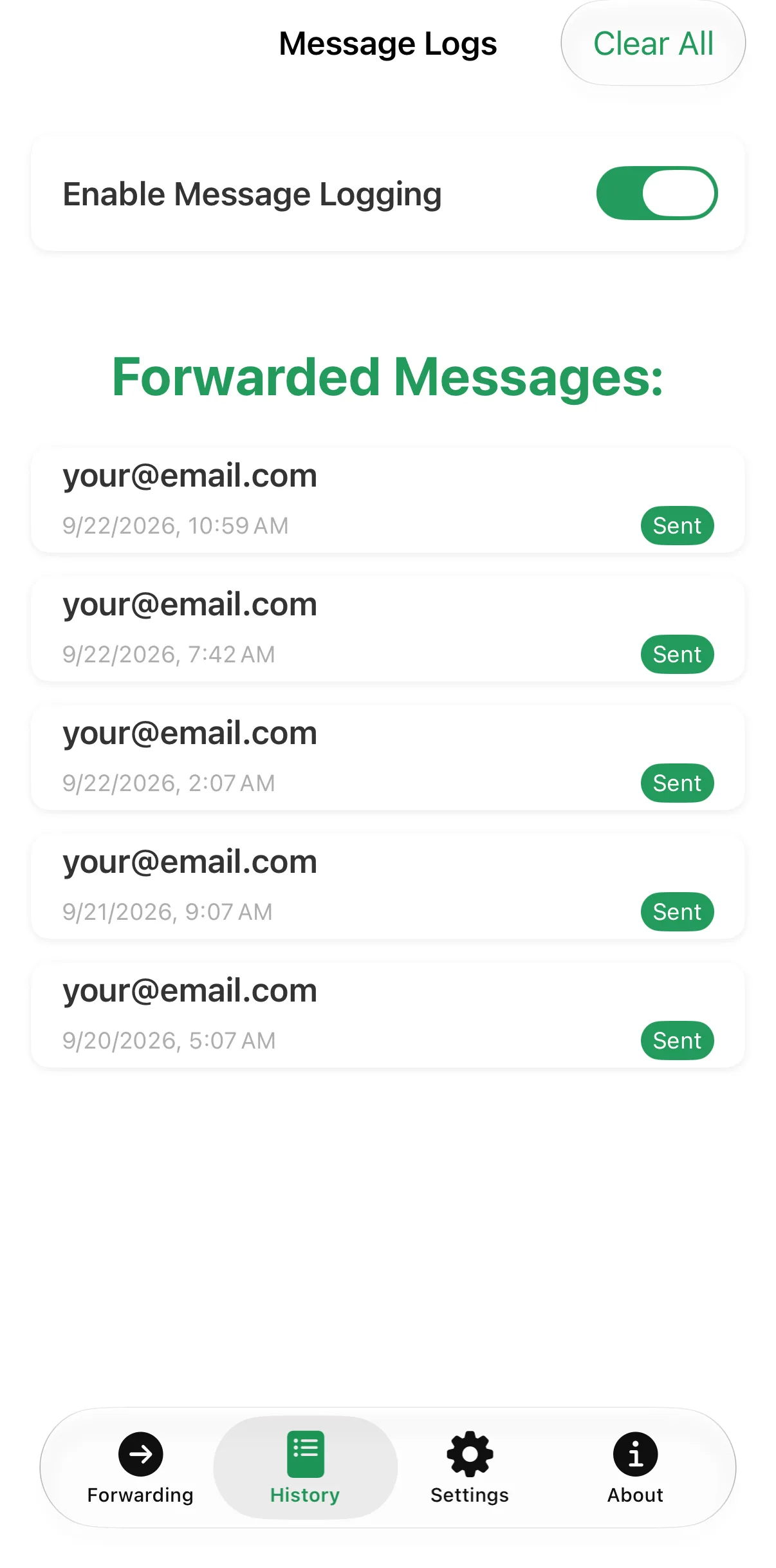 Screenshot: forwarding history