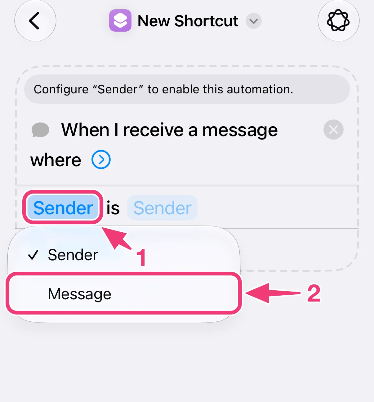 Screenshot: switch the condition to Message