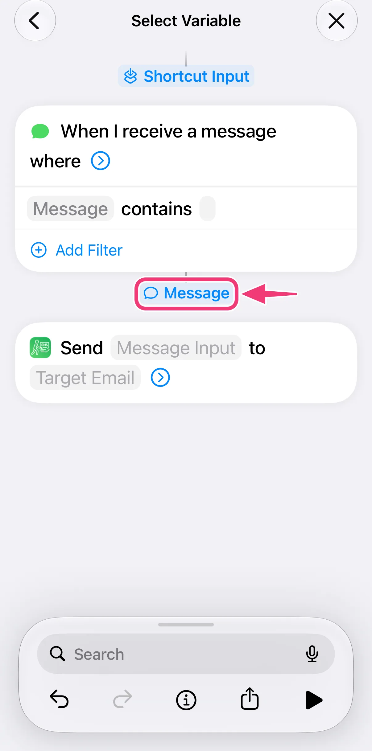 Screenshot: select the Message variable
