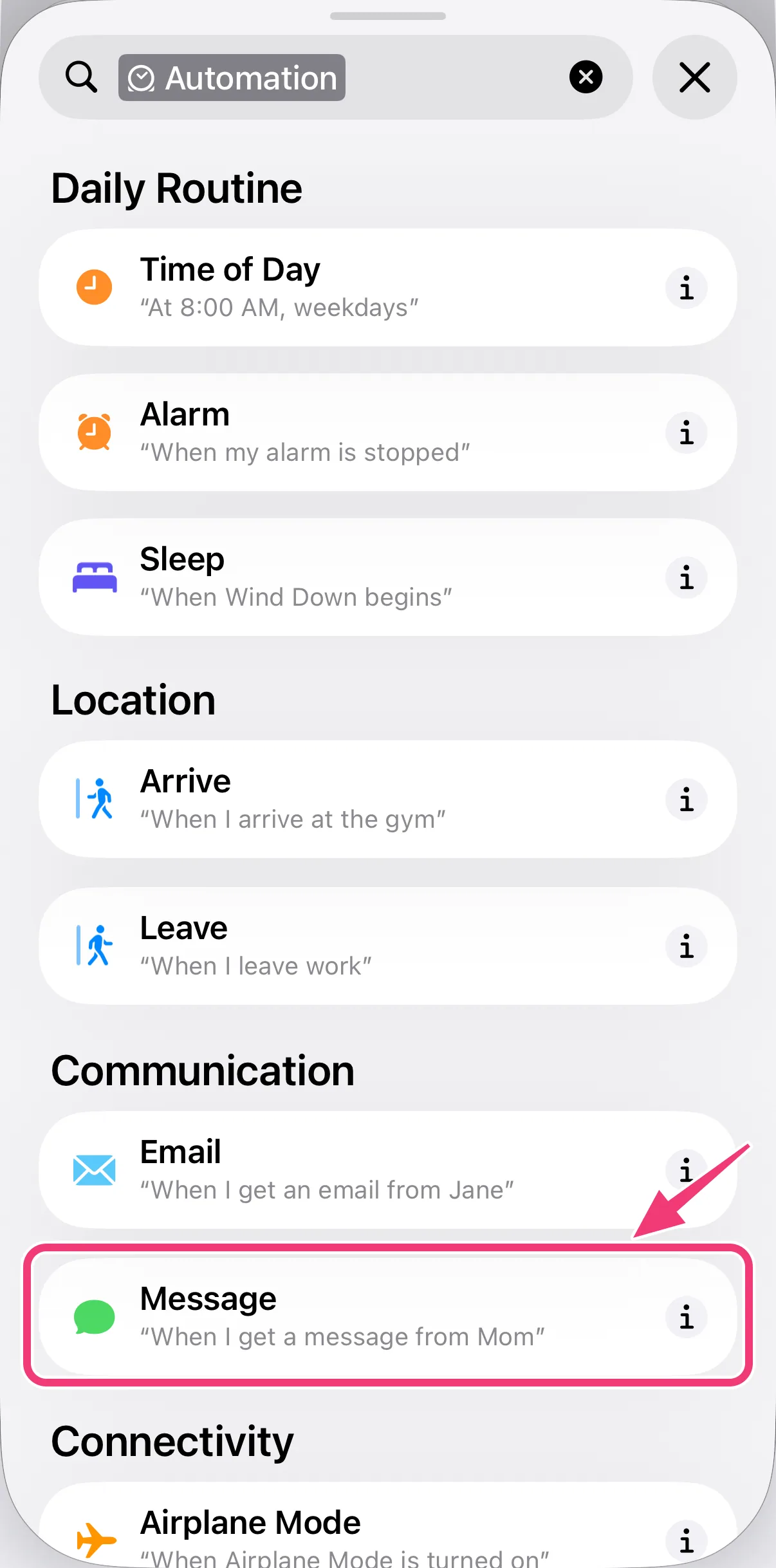 Screenshot: select Message