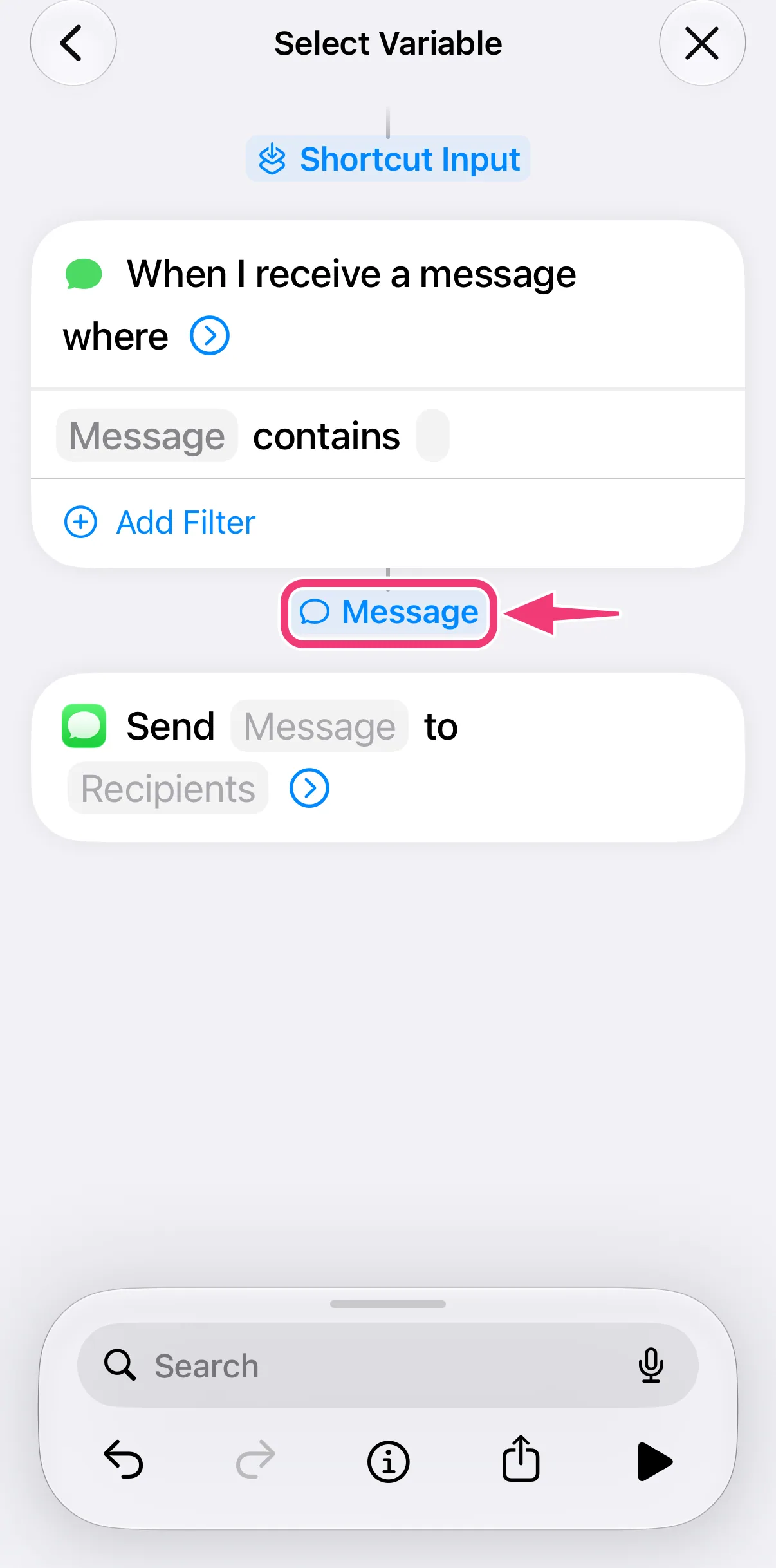 Screenshot: select the Message variable